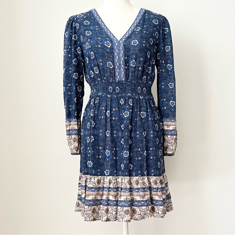 Lucky Brand Blue Floral Mini Dress Smocked Long Sleeve Boho Festival Prarie